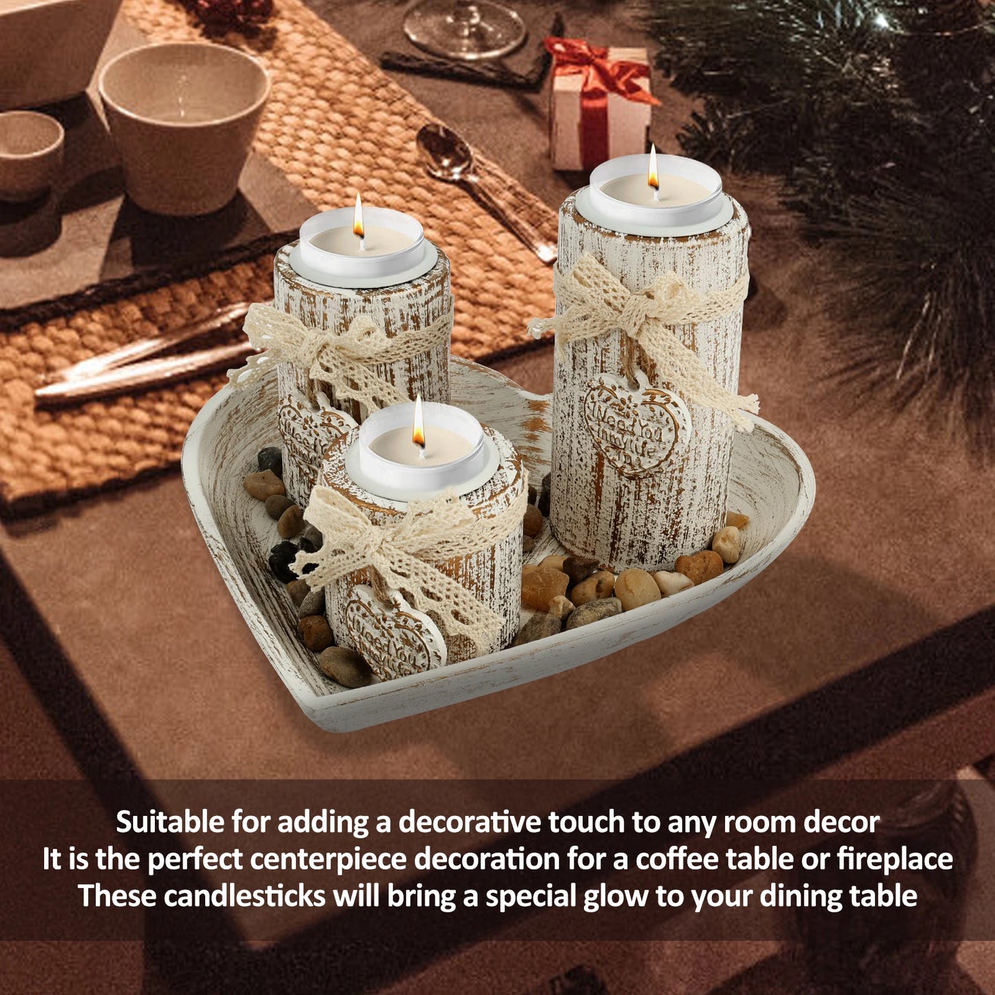 Wooden Heart Tray Candle Holders